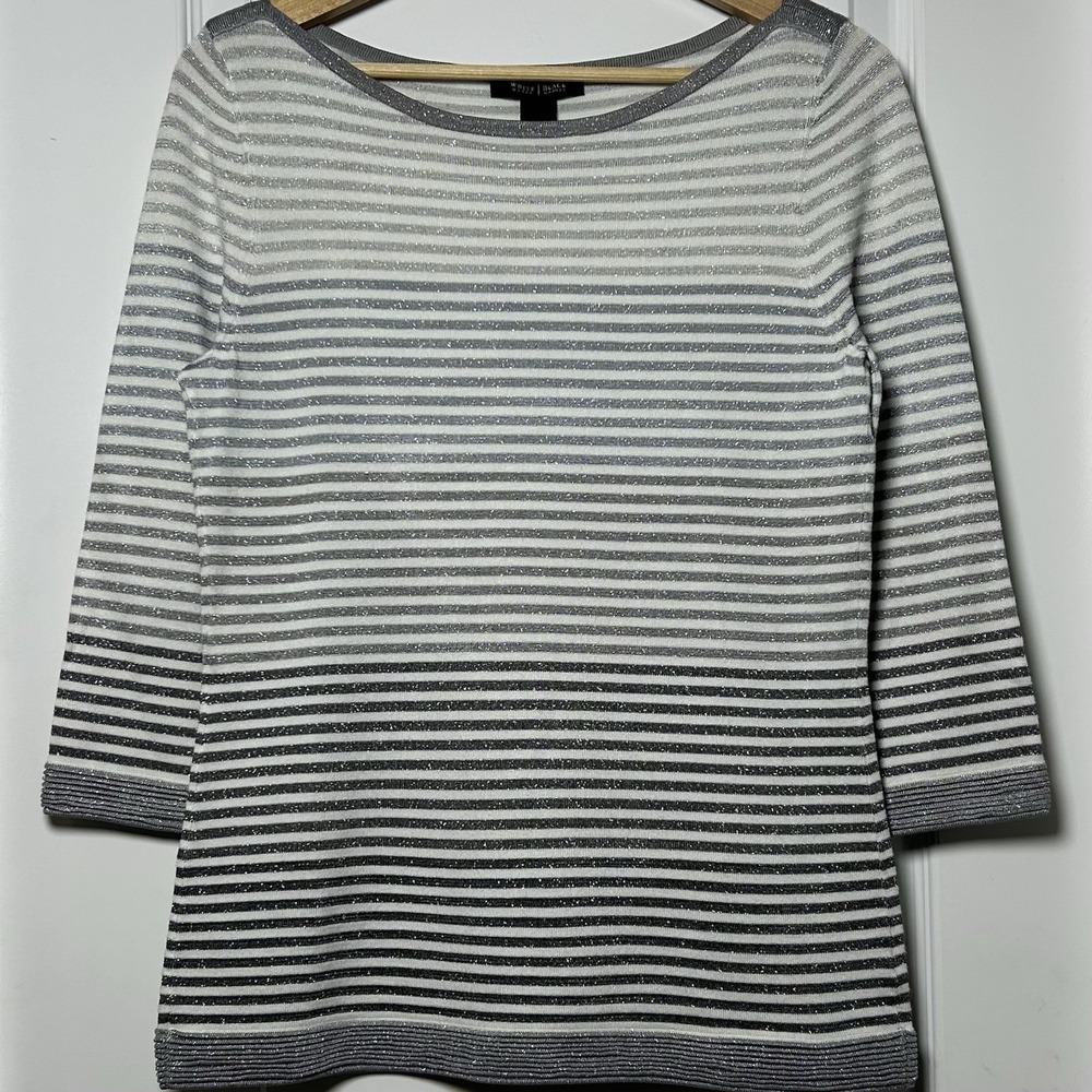 White House Black Market Gray Ombre Stripe Silver Lurex 3/4 Sleeve Knit Top